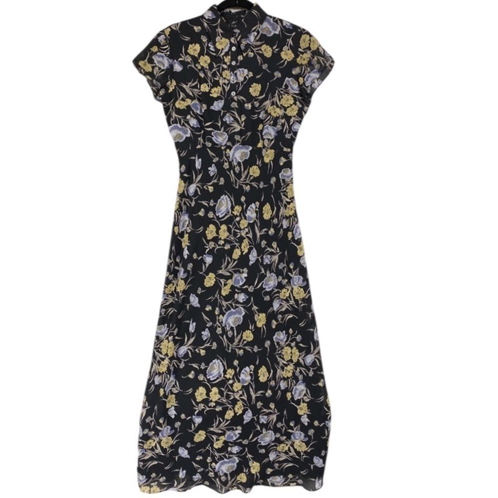Thomo Retro Dark Floral Polo Feminine Maxi Dress Sz EU 38 Modest Sheer